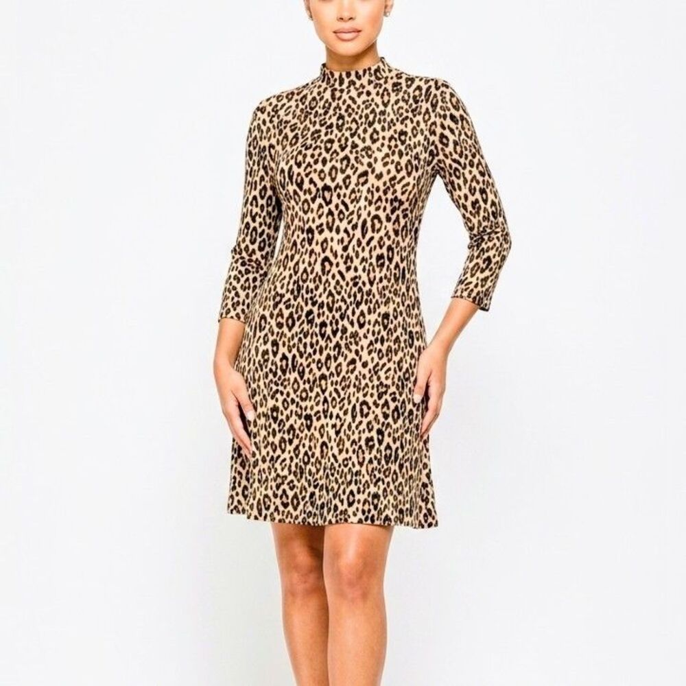 CHICO'S Dress Leopard Print 3/4 Sleeves Swing Dress Women Size 3P (XL) 23"PTP